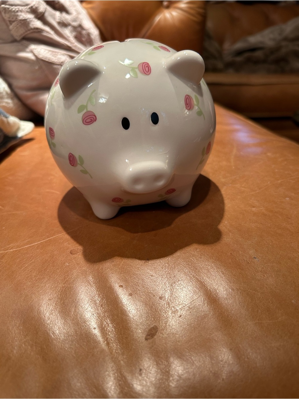 White Ceramic Pig Bank with Pink Rose Accents